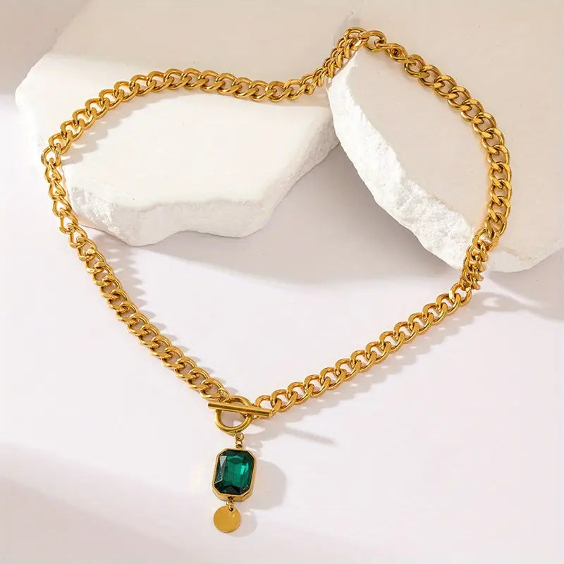 Alicia - Gold Chunky Chain Necklace with Emerald Pendant
