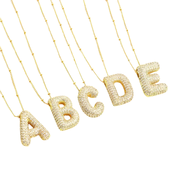 White Gold Bubble Letter Initial Necklace Set