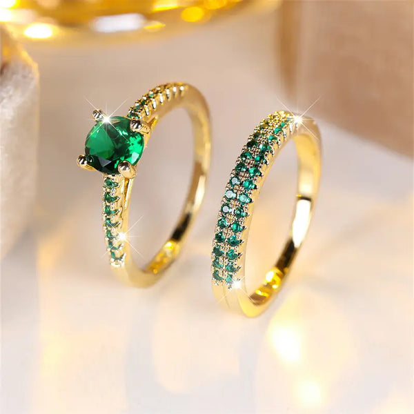 Serena - Gold  Emerald Duo Ring Set
