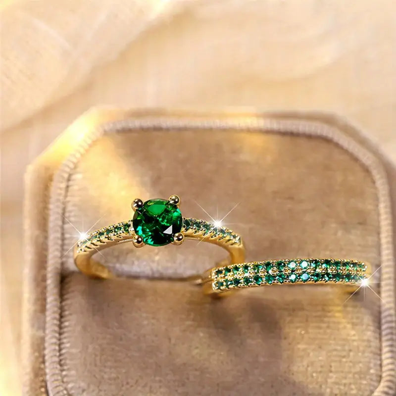 Serena - Gold  Emerald Duo Ring Set