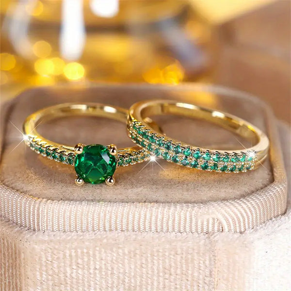 Serena - Gold  Emerald Duo Ring Set
