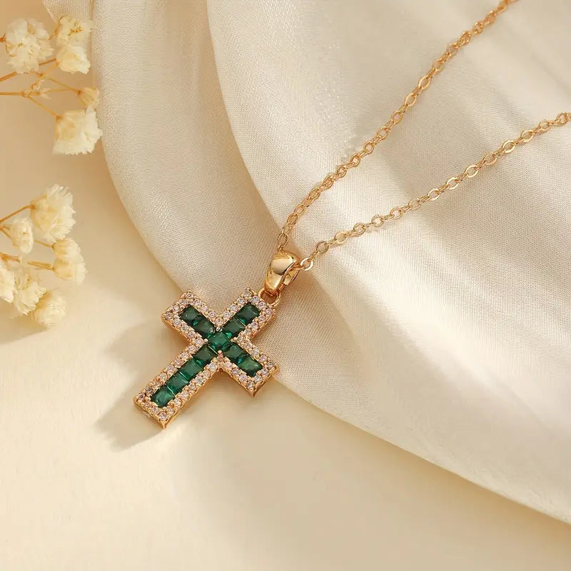 Amber - Gold Cross Pendant Necklace with Solene Emerald