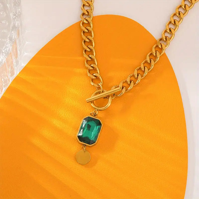 Alicia - Gold Chunky Chain Necklace with Emerald Pendant