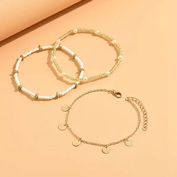 Gold Coastal Charm 3-Piece Layered Anklet Set