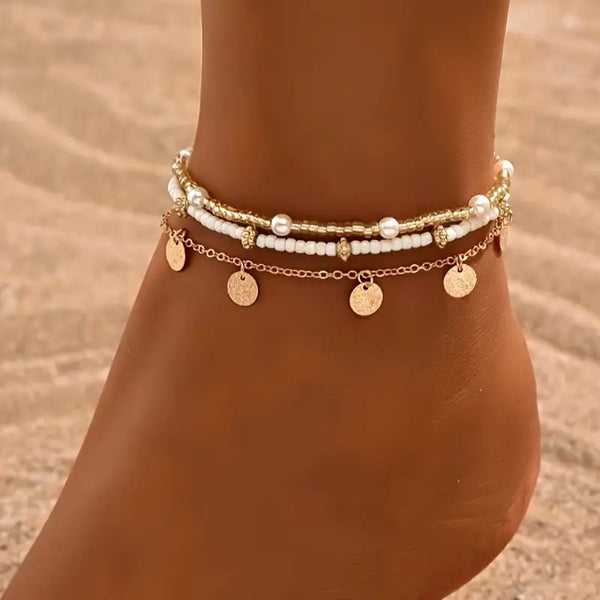 Gold Coastal Charm 3-Piece Layered Anklet Set