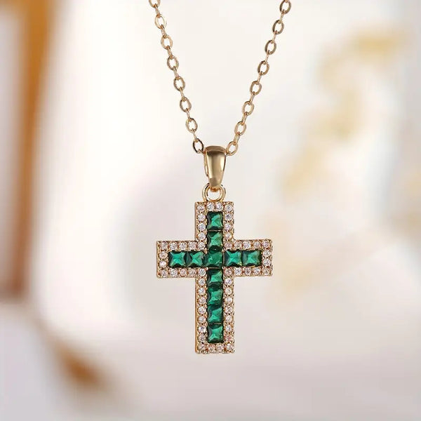 Amber - Gold Cross Pendant Necklace with Solene Emerald