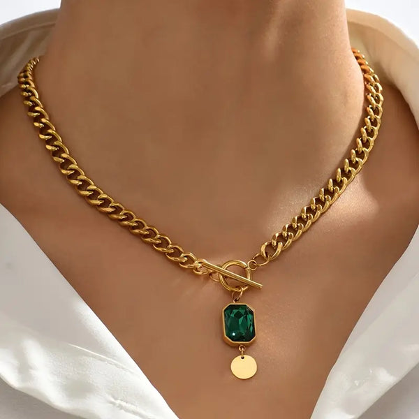 Alicia - Gold Chunky Chain Necklace with Emerald Pendant
