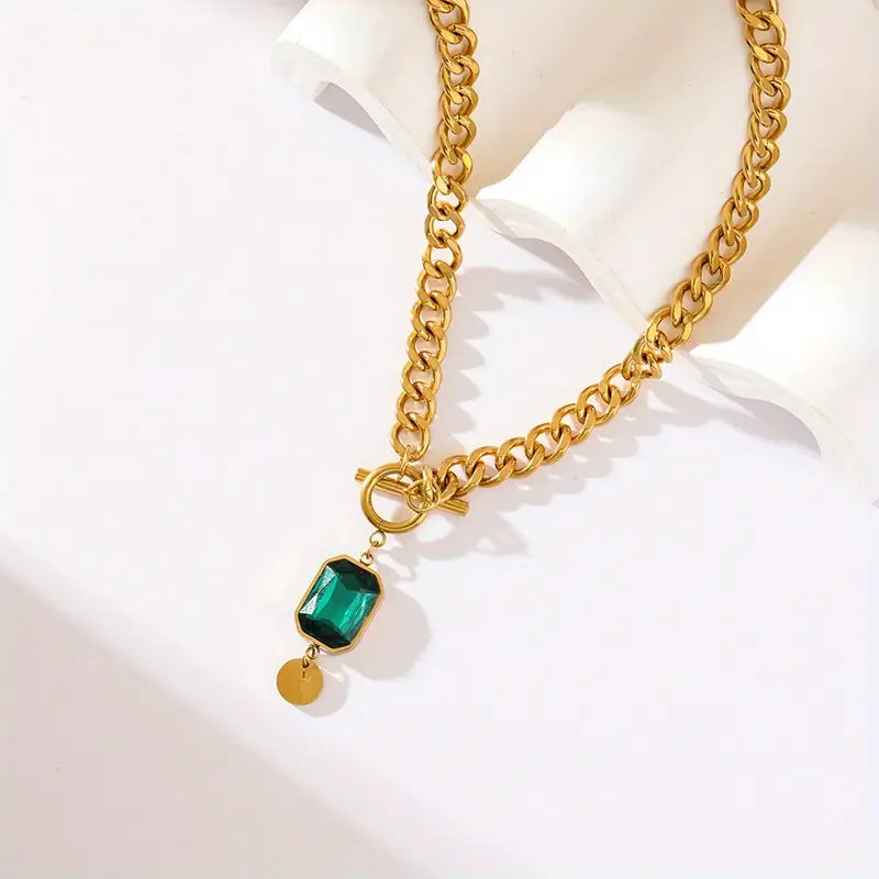 Alicia - Gold Chunky Chain Necklace with Emerald Pendant