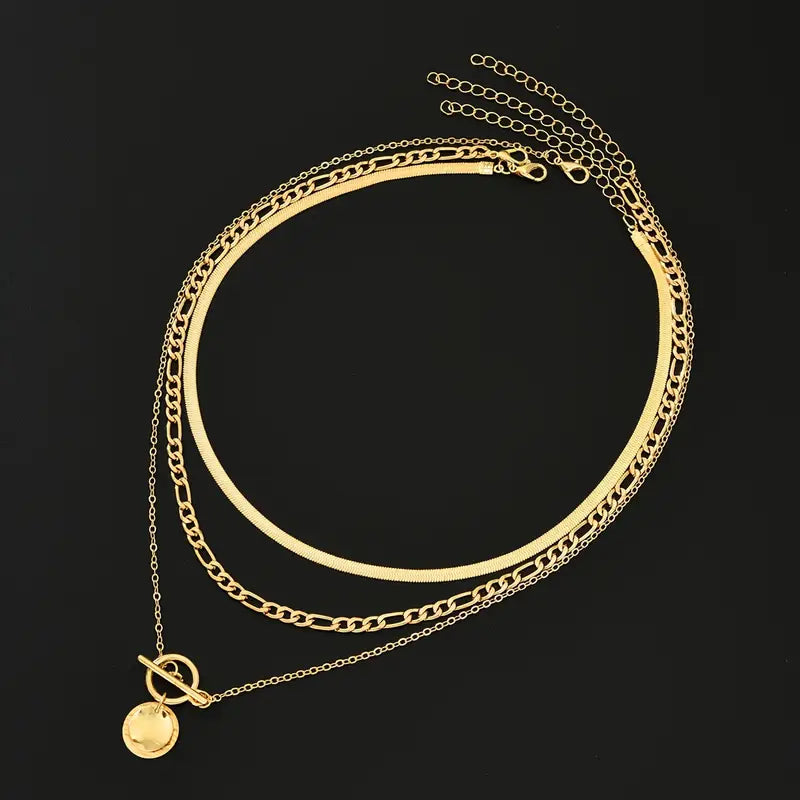 Gold Layered Necklace with Textured Coin Design by Savira
