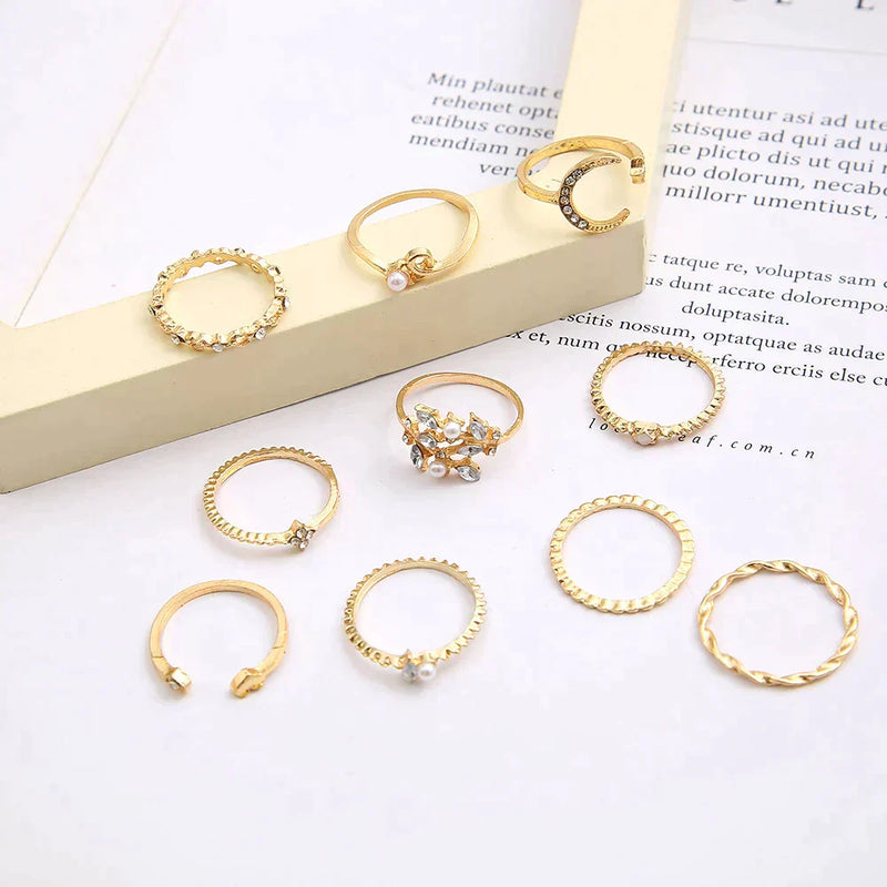 Danielle - Set of 10 Bohemian-Style Gold Rings