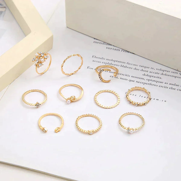 Danielle - Set of 10 Bohemian-Style Gold Rings