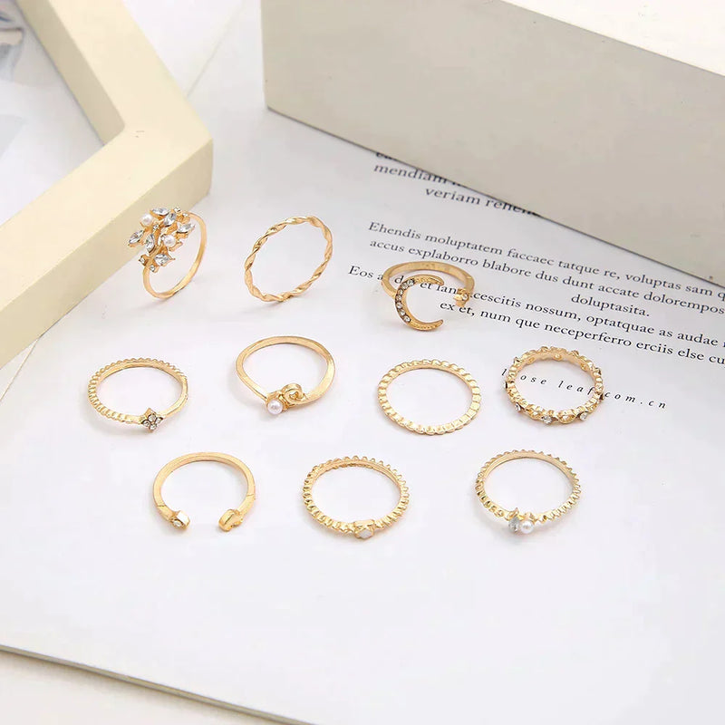 Danielle - Set of 10 Bohemian-Style Gold Rings