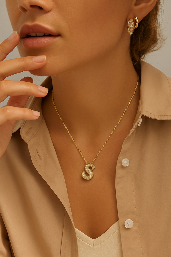 Gold Initial Necklace in Bubble Letter Style