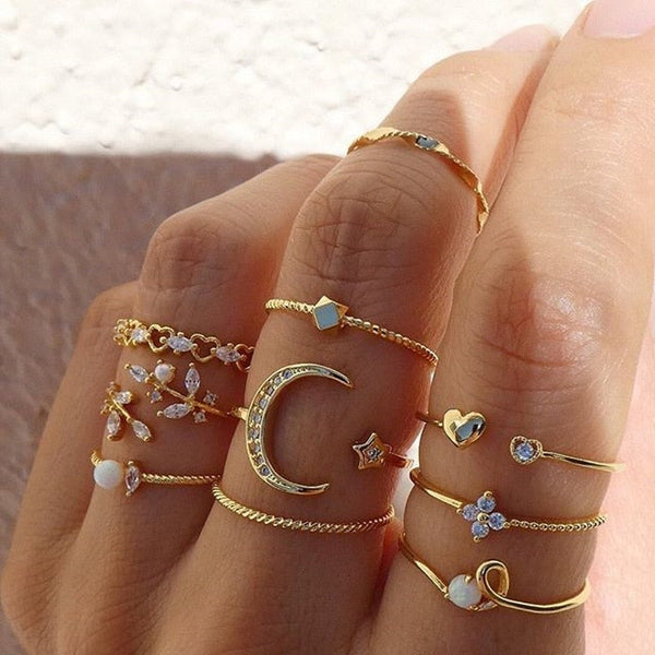 Danielle - Set of 10 Bohemian-Style Gold Rings