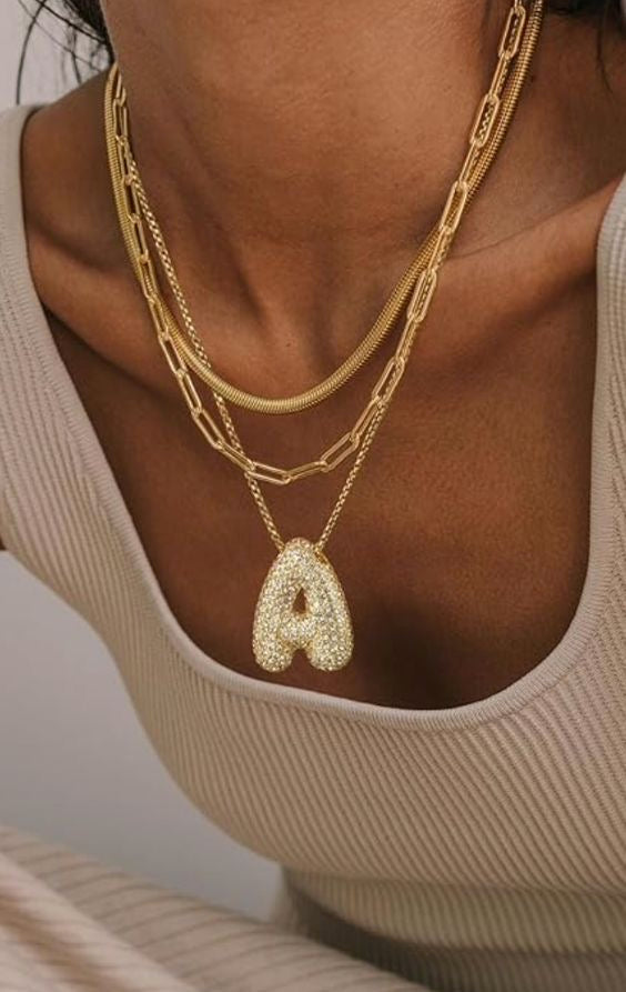 Gold Initial Necklace in Bubble Letter Style