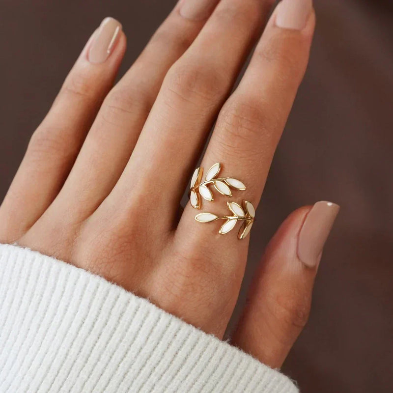 Adjustable White Opal Leaf Ring by Pure