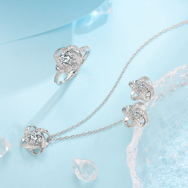 Evelyn - White Gold Frosted Flower Clover Knot Jewelry Set
