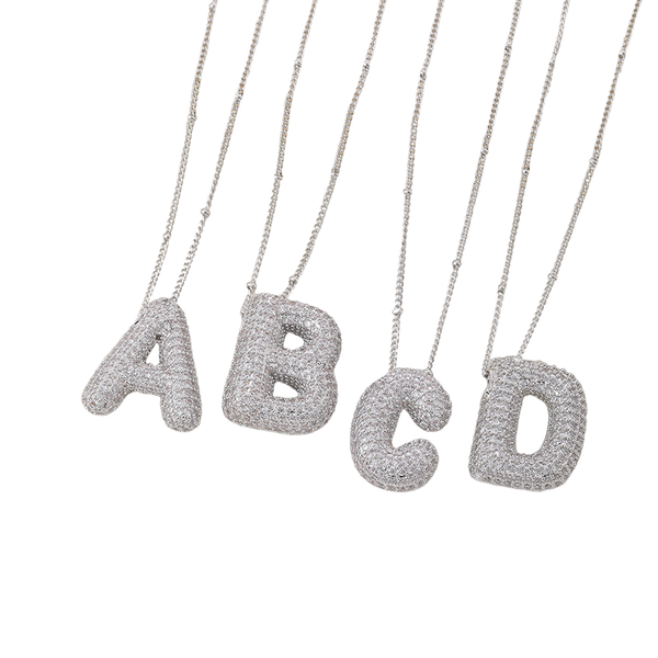White Gold Bubble Letter Initial Necklace Set