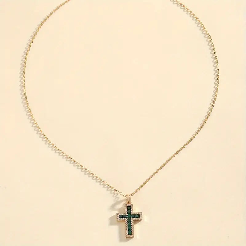 Amber - Gold Cross Pendant Necklace with Solene Emerald
