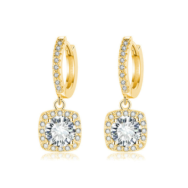 Isolde - Gold Square Halo Moissanite Drop Earrings