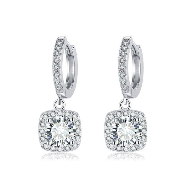 White Gold Square Halo Moissanite Drop Earrings