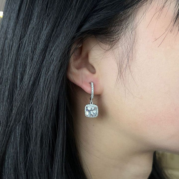 White Gold Square Halo Moissanite Drop Earrings